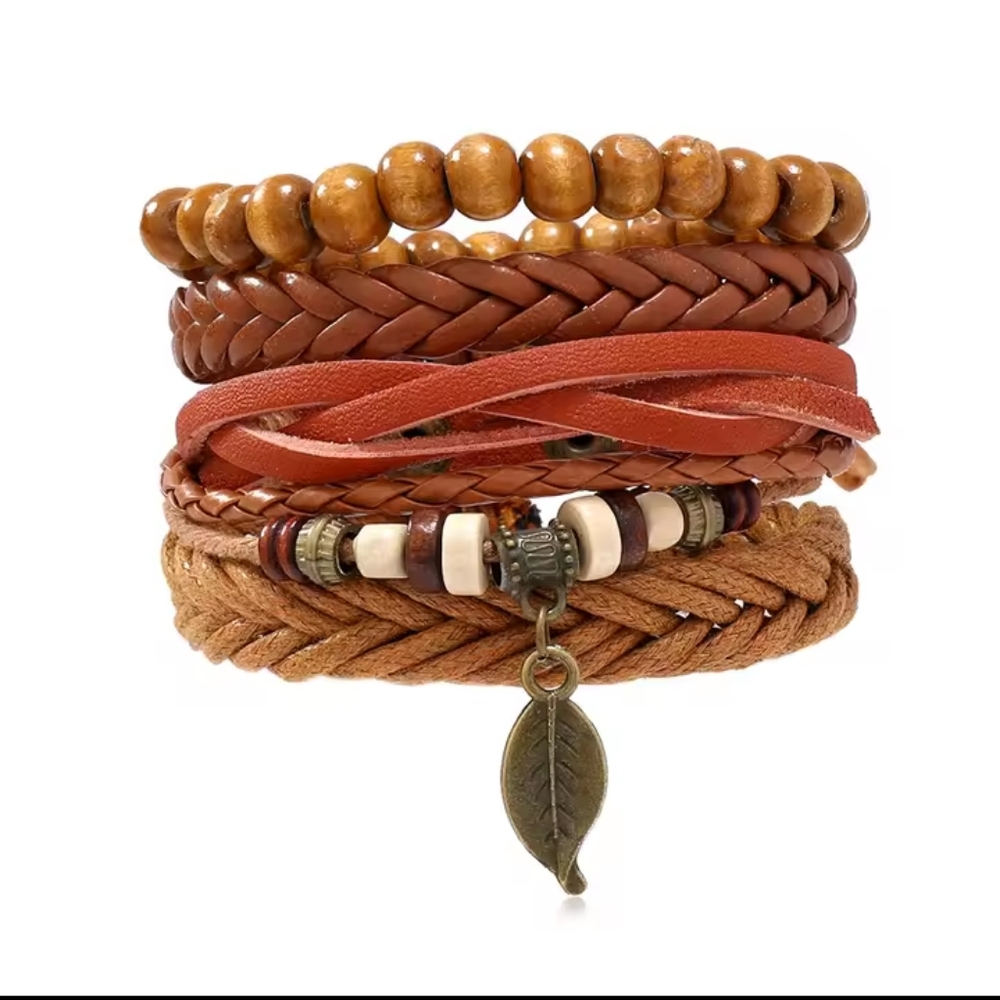 4pc Men's Bracelets Set Leather Braided Layered Beaded Brown New f25